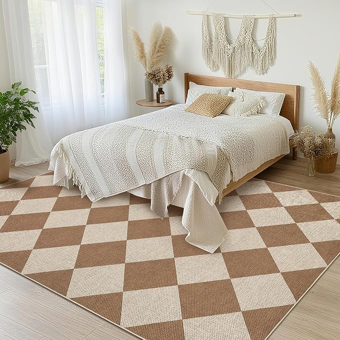 GarveeHome Checkered Easy Jute 3x5 Entryway Rug Machine Washable Outdoor Patio Rug Non-Slip Backing Checkerboard Brown Indoor Outdoor Carpet for Hallway Bathroom Kitchen Bedroom