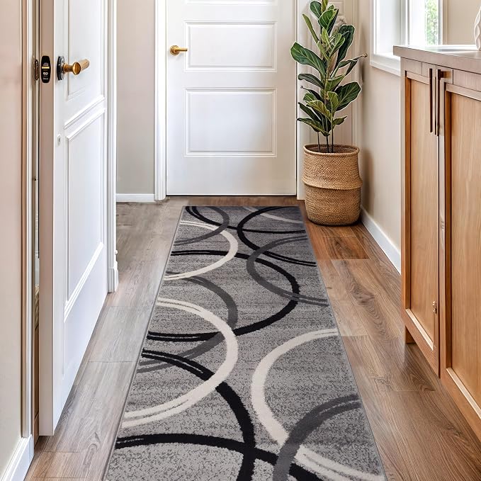 Rugshop Wavy Circles Non-Shedding Living Room Runner Rug Gray 2'7" x 8' | Rectangular, Size 2'7" x 8', Bedroom, Dining Room, Home Office, Kitchen, Entryway, Hallway, Nursery, Kids Room, Guest Room