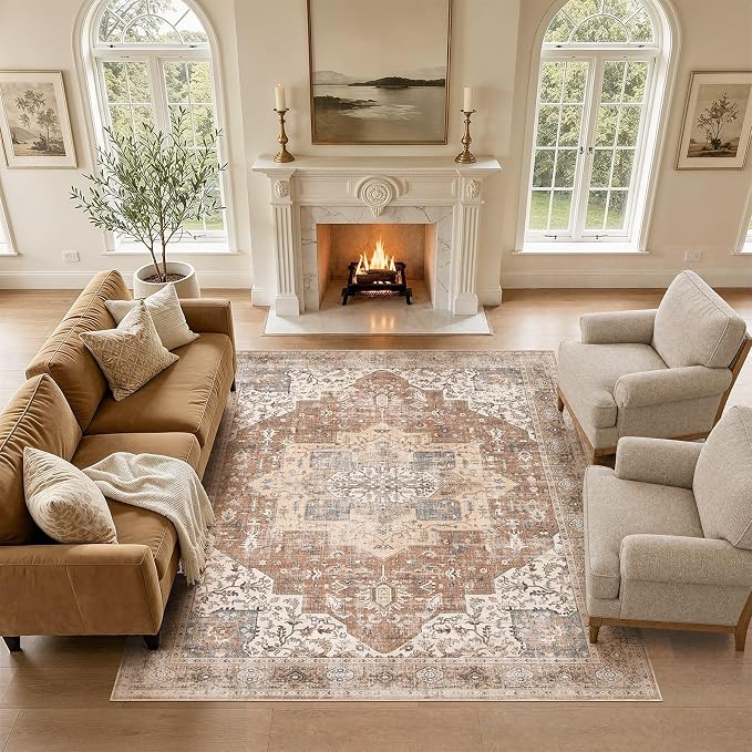DTICON Vintage Washable 9x12 Area Rug Living Room Rugs, Brick Red | Boho Distressed, Pet & Kid Friendly, Non-Slip Backing, Soft Polyester, Low-pile Carpet for Living Room, Bedroom, Dining Room