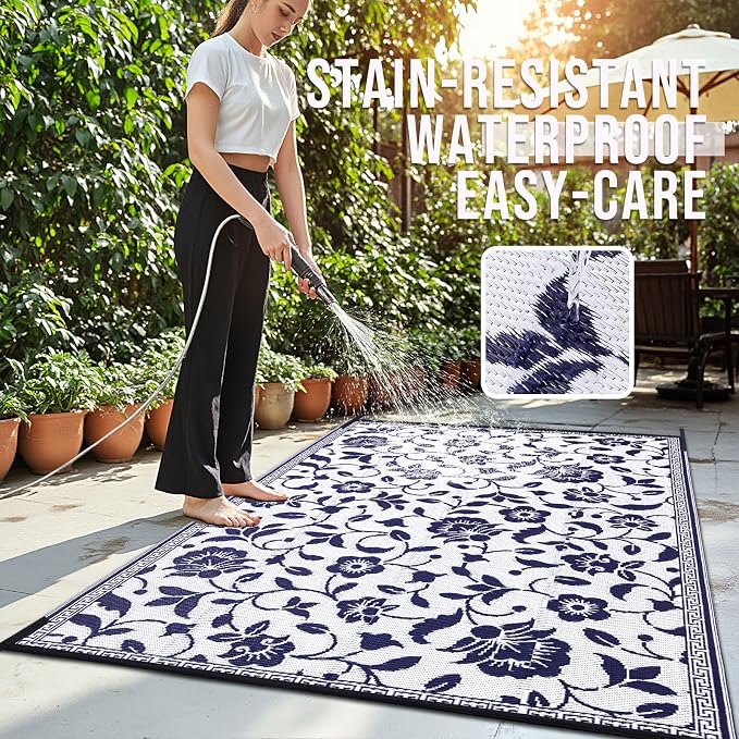 OLANLY Waterproof Outdoor Rug 6x9 ft, Outdoor Plastic Straw Rug with Flower Pattern, Reversible RV Mat for Patio, Camping, Balcony, Deck, Backyard, Navy & White