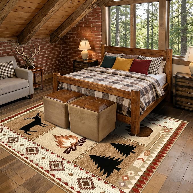 8x10 Cabin Bear Rustic Area Rug for Living Room Lodge Deer Wildlife Large Rug Country Farmhouse Westen Machine Washable Non-Slip Printed Low-Pile Indoor Carpet for Bedroom Dining Room Office