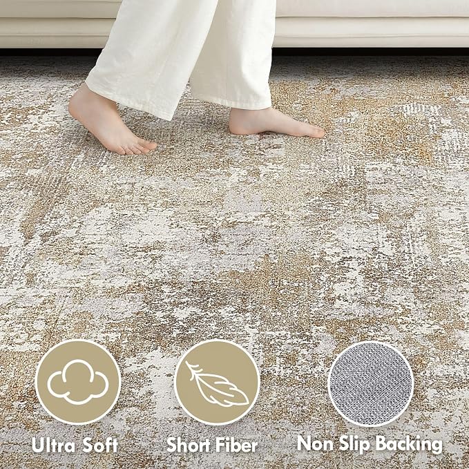 Tortania Washable 8x10 Area Rug for Living Room: Modern Abstract Neutral Large Soft Thin Rugs - Non Slip Indoor Carpet for Bedroom Dining Room Office Nursery Home Floor Decoration - Brown Grey