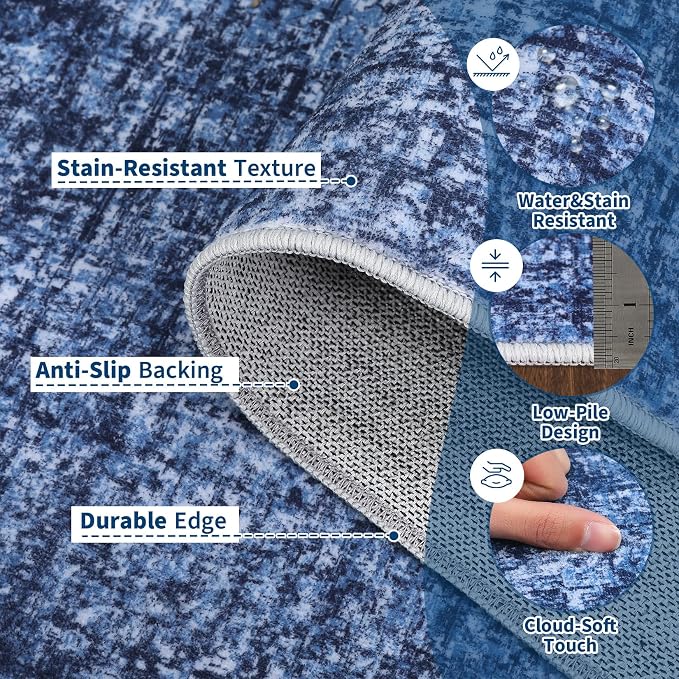 Garvee Washable 8x10 Rug for Living Room Modern Solid Neutral Rug Blue | Soft Non Slip Rugs for Bedroom, Low Pile Neutral Rug, Stain Resistant Foldable Carpet for Playroom Dorm, Farmhouse Rugs