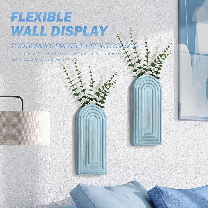 EOSAHR Pine Wood Boho Decor Wall Vases Set of 2– Decorative Wall Decor for Living Room, Bedroom & Bathroom – Coastal Hanging Planters for Indoor Plants, Fake Plants (Blue)