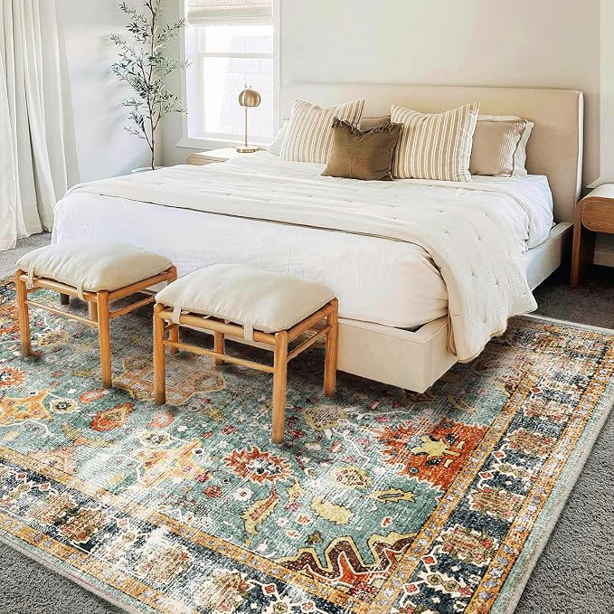 CHAMPLANT Area Rug 8'x10' Washable Rug Vintage Traditional Mat Distressed Indoor Foldable Thin Retro Accent Floral Print Non Slip Carpet for Living Room Dining Room Office