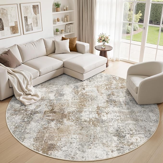 8Ft Round Area Rug Washable Abstract Rugs for Living Room Light Brown/Grey | for Bedroom, Dining Room, Office, Nursery, Soft Neutral, Low Pile Non-Slip, Kid Pet Friendly, Large Indoor Carpet, Home Decor