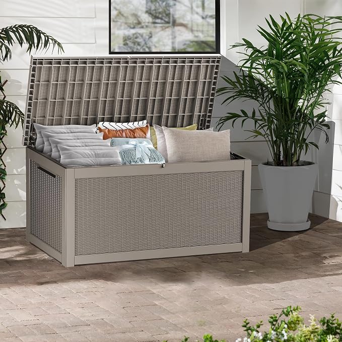 Outdoor Storage Box, 320 Gallon Waterproof Deck Box, Dual Gas-Spring Ultimate Resin Organizer for King Cushions, Heavy-Duty Lockable Estate Storage Bench, Backyard BBQ, Grey