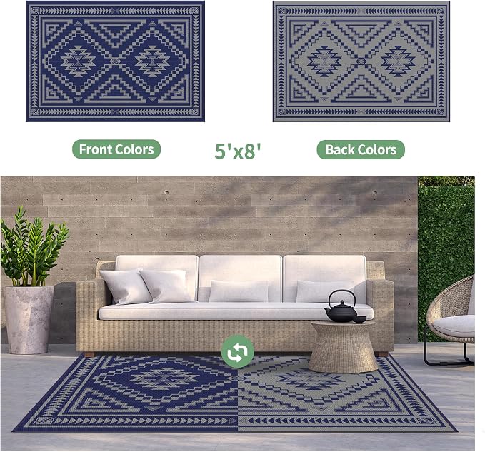 GENIMO Outdoor Rug for Patio Clearance - 5x8 ft Waterproof Plastic Camping Rugs, Reversible Outside Rv Mat Carpet for Porch, Deck, Picnic, Balcony, Beach, Backyard, Blue Grey