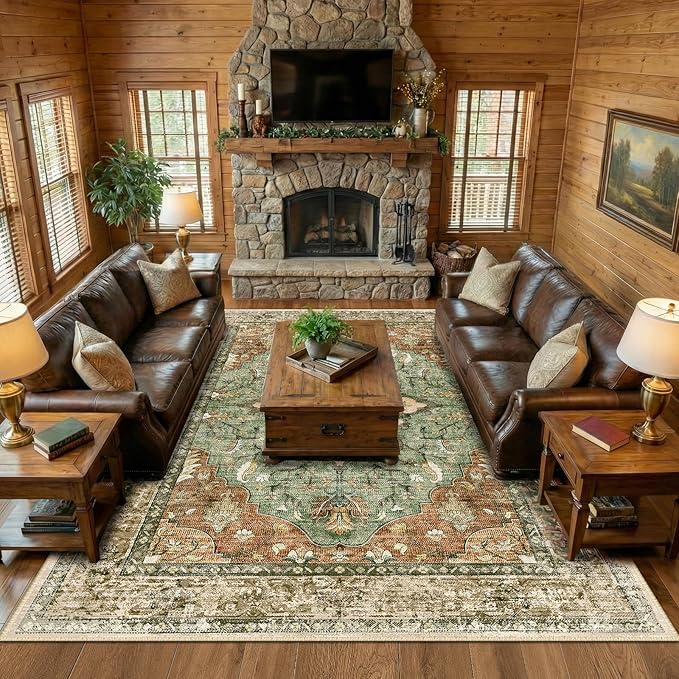 RELEANY Washable Area Rug, Large 9'x12', Brick/Brown/Green | Non-Slip, Water Repellent, Pet Friendly, Easy to Clean, Vintage Floral Boho Decor for Living Room Bedroom Dining Room