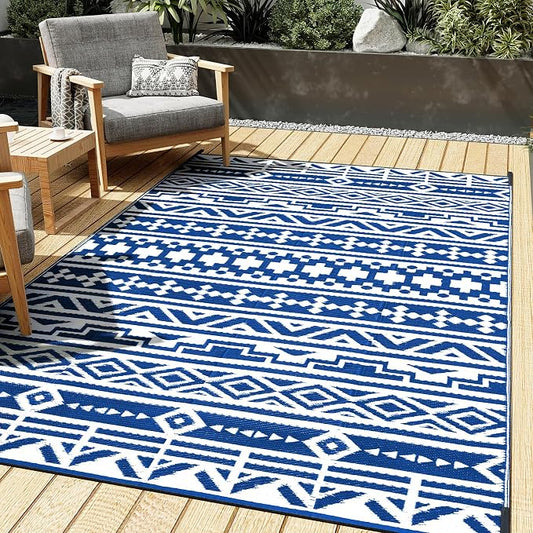 HUGEAR Outdoor Plastic Straw Rug, Waterproof Outdoor Rugs for Patios Clearance, Reversible Area Rug, Large Outside Carpet for Camping, Balcony, RV, Deck, Picnic, Beach 5x8ft Geometric Boho Blue&White