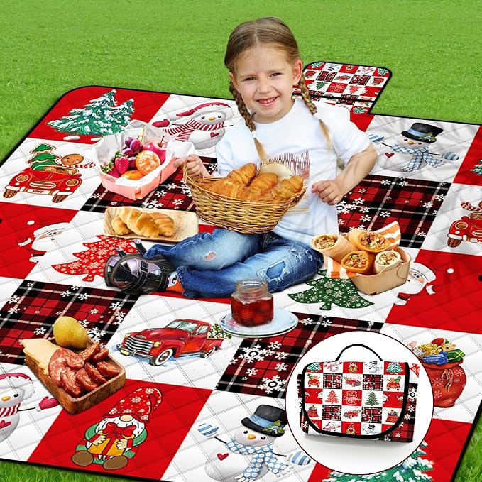 Poedist Extra Large Picnic Blanket Waterproof,80"x 80"Foldable Machine Washable Beach Blanket,Outdoor Blanket for 6-8 Adults,Suitable for Crawling,Park Beach,Camping,Hiking,Family,Merry Christmas