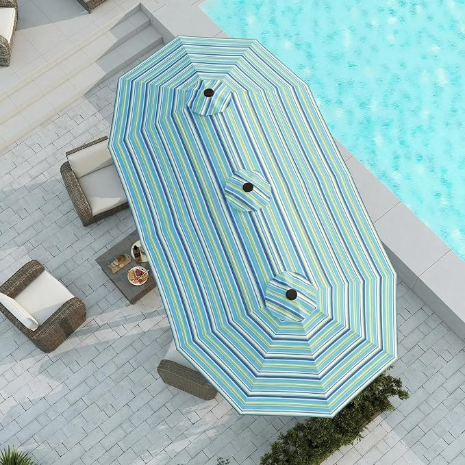 15FT Large Patio Umbrella with Base Included, Double Sided Outdoor Market Umbrella with Flexible Fiberglass Ribs, UV-Blocking Extra Large Umbrella for Garden, Pool, Deck, Green Stripes