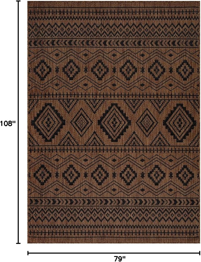 Beverly Rug Waikiki Boho Indoor Outdoor Rug 6x9, Washable Outside Carpet for Patio, Deck, Porch, Bohemian Area Rug, Farmhouse Rugs, Aztec Tribal Rug, Nut Brown and Black