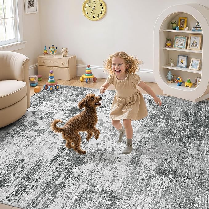 UERMEI 10x14 Area Rug for Living Room - Washable Neutral Modern Abstract Carpet, Non-Slip Soft Large Indoor Floor Rugs for Bedroom Home Office & Under Dining Table Decor, Grey Black