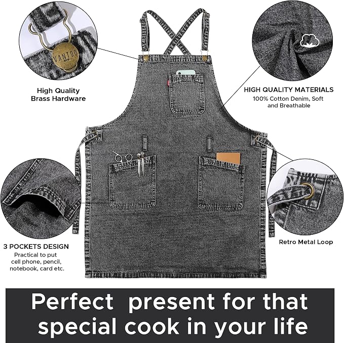 Denim Chef Apron for Women with Pockets, Jean Waitress Server Kitchen Apron for Men Cooking Gardening Painting