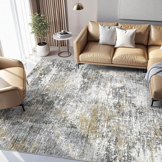 kakania Abstract 5x8 Area Rugs for Living Room: Washable Rugs Black Gold | Soft, Non-Slip, Low-Pile, Pet & Kid Friendly - Modern Home Decor Carpet for Bedroom/Dining Room/Office/Nursery