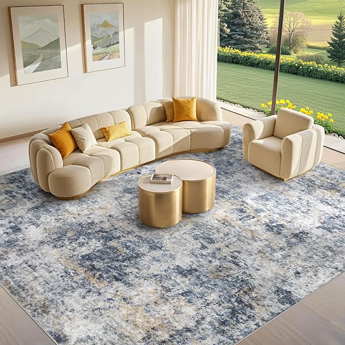 Tortania Washable 7x9 Area Rug for Living Room: Modern Abstract Neutral Large Soft Thin Rugs - Non Slip Indoor Carpet for Bedroom Dining Room Office Nursery Home Floor Decoration - Blue Grey