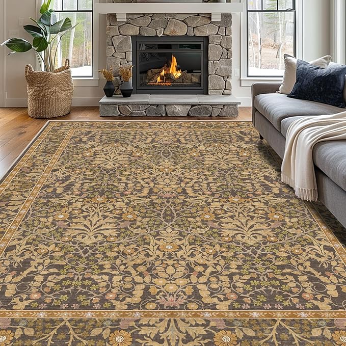 6x9 Washable Area Rugs for Living Room, Stain Resistant Vintage Rugs for Dining Room Under Kitchen Table, Bedroom, Floral Low Pile Non-Slip Large Carpet (6 x 9 Goldenrod)