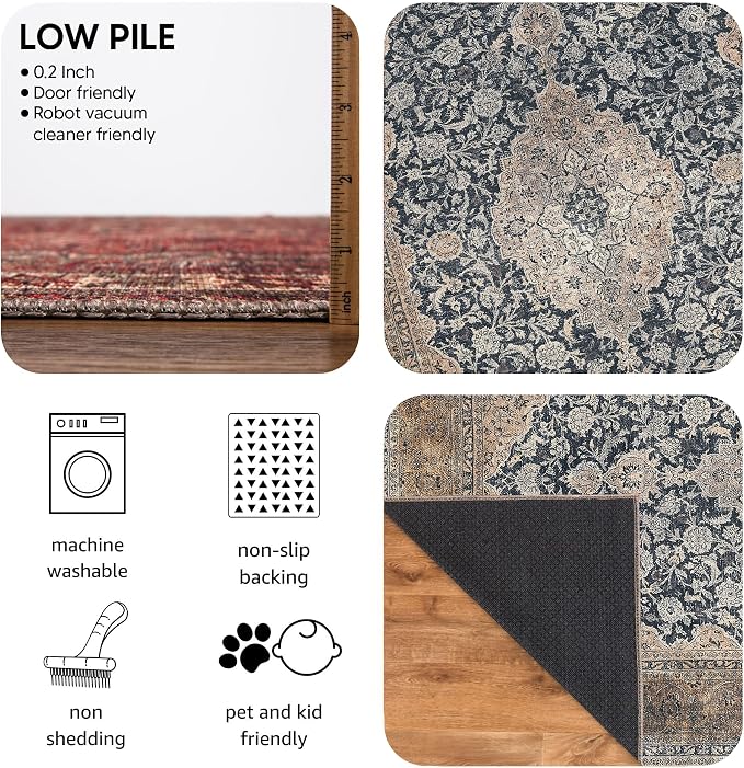 Keen Home Design Vintage Washable Area Rug, Non-Slip Low Pile, 5x7 | Machine Washable Cotton Chenille, 0.25In Low Pile, Rubber Non-Slip Back; Living Room, Bedroom, Dining Room, Office