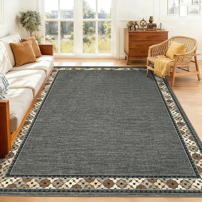 Garvee 8x10 Tribal Border Washable Rugs for Living Room Bedroom Rug, Brown | Floral Border Area Rug Stain Resistant Easy Cleaning Throw Rugs Low Pile Floor Cover for Nursery Dining Room Apartment
