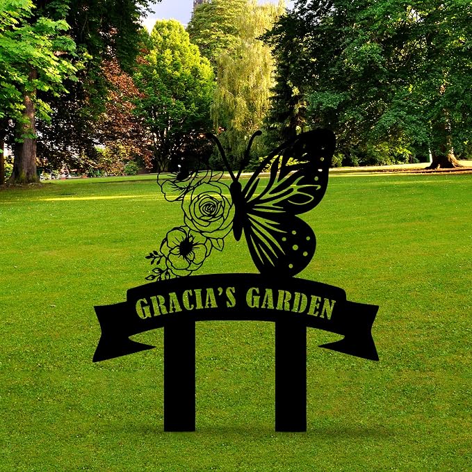 Personalized Butterfly Metal Garden Sign with Stake, Custom Garden Decor for Outdoor, Custom Large Family Name Sign, Patio Decorations, Lawn Art, Farmhouse Decorative, Housewarming Gift
