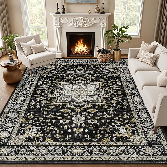 10x14 Area Rugs Living Room: Washable Rug for Bedroom Black Gold | Vintage No Slip Stain Resistant Rug Soft Indoor Decor Floor Floral Area Rugs for Dining Room, Nursery, Hallway, Home Office