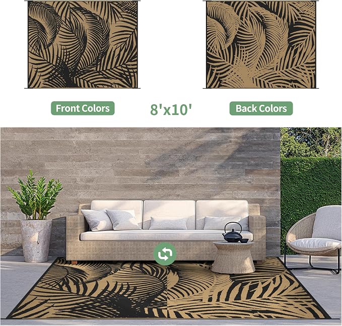 GENIMO Outdoor Rug 8' x 10' Waterproof for Patio Clearance, Reversible Plastic Straw Camping Carpet, Lightweight Mats for Rv, Backyard, Deck, Porch, Picnic, Beach, Balcony, Pitch Black & Brown