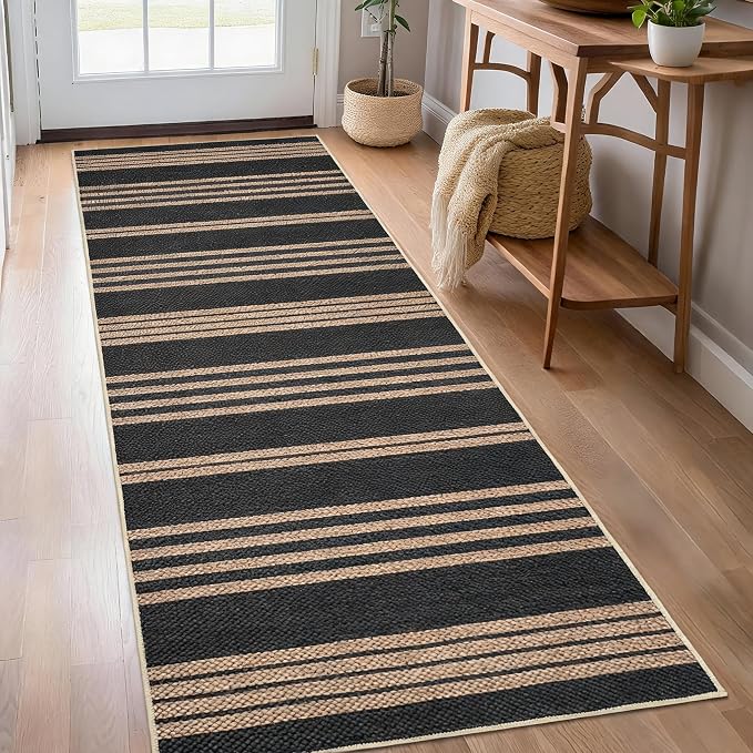 Garvee 2x6 Easy Jute Kitchen Rugs Washable Rugs for Hallway, Black & Brown | Modern Line Print Area Rug Stain Resistant Easy Cleaning Throw Rugs Low Pile Floor Cover for Bedroom Laundry