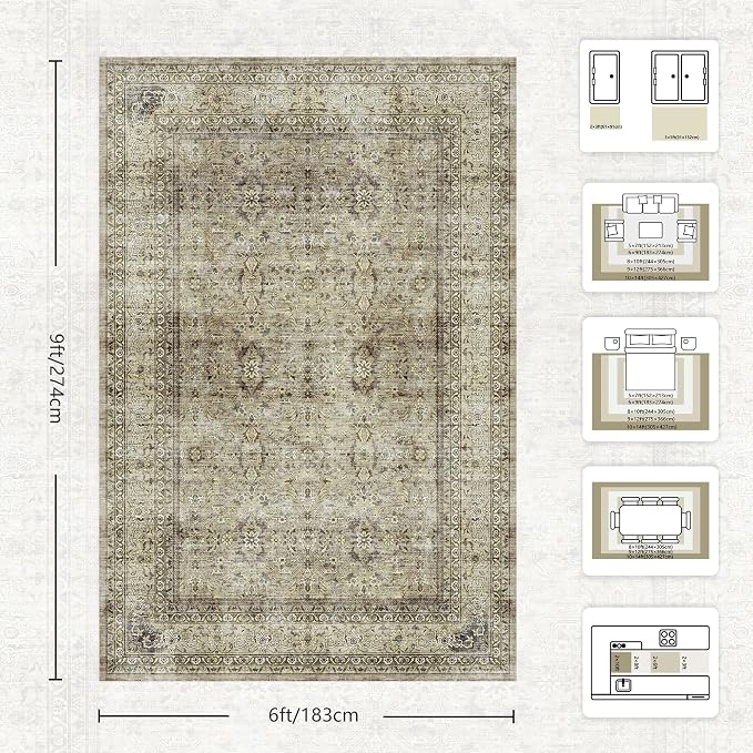 6x9 Area Rugs - Washable Vintage Retro Living Room Rug, Soft Ultra Thin Non Slip Low Pile Traditional Distressed Boho Carpet for Bedroom Dining Room Nursery Home Office, Beige Brown