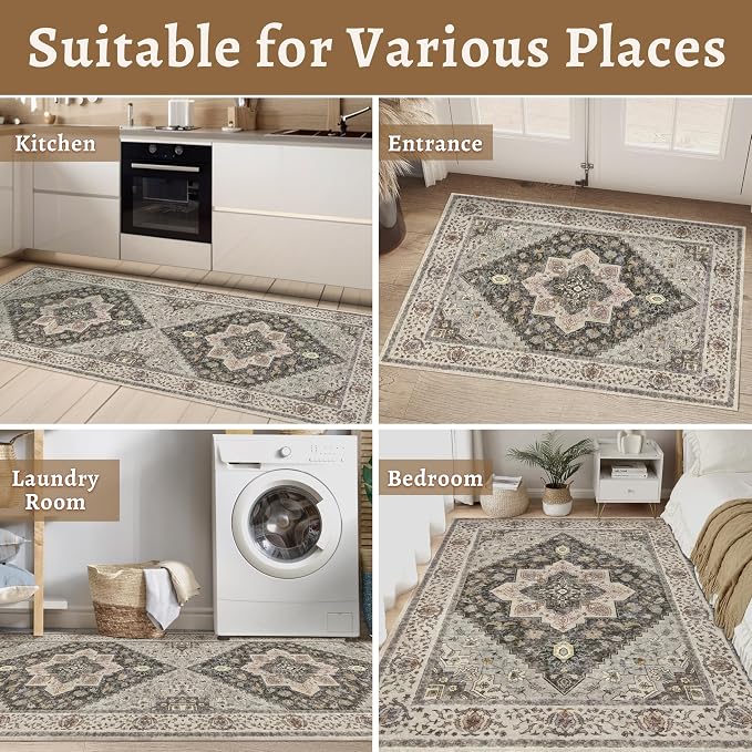 Tangsoo Farmhouse 6x9 Washable Area Rugs for Living Room, Non Slip Rug | Vintage Indoor Large Area Rugs, Boho Print Carpet, Oriental Soft Low Pile Foldable Floor Rugs for Bedroom Dining Room Grey