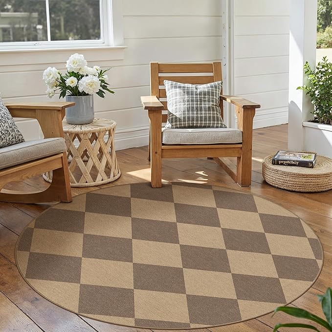 PureCozy Checkered 4 ft Easy Jute Round Rug, Brown Washable Small Rugs for Entryway Patio, Farmhouse Non Slip Non Shedding Indoor Outdoor Circle Carpet for Kitchen Porch
