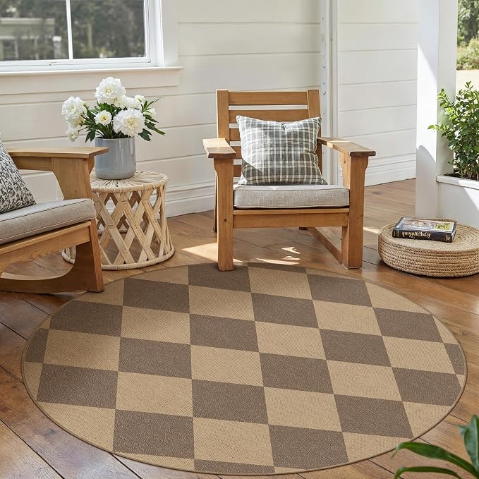 PureCozy Checkered Easy Jute Rugs for Entryway, 3 ft Round Rug Small Indoor Outdoor Circle Carpet, Farmhouse Neutral Non Slip Non Shedding Brown Carpet for Kitchen Front Porch Foyer
