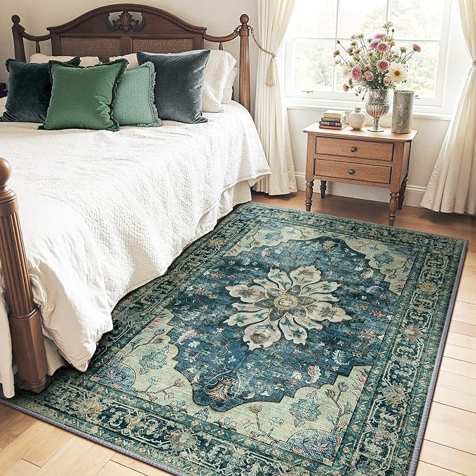 RELEANY Washable Area Rug, 5'x7', Blue/Vintage Dark Blue | Non-Slip, Water Repellent, Pet Friendly, Easy to Clean, Vintage Floral Boho Decor for Living Room Bedroom Dining Room Office