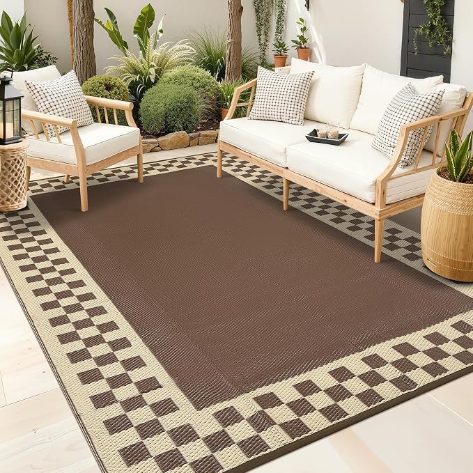 Waterproof Plastic Straw Outdoor Rug 9x18 Patio Reversible UV Resistant Foldable Camping Carpet Modern Geometric Border Large Outdoor Rugs for Deck, Porch, Camper, Balcony, Beach，Brown