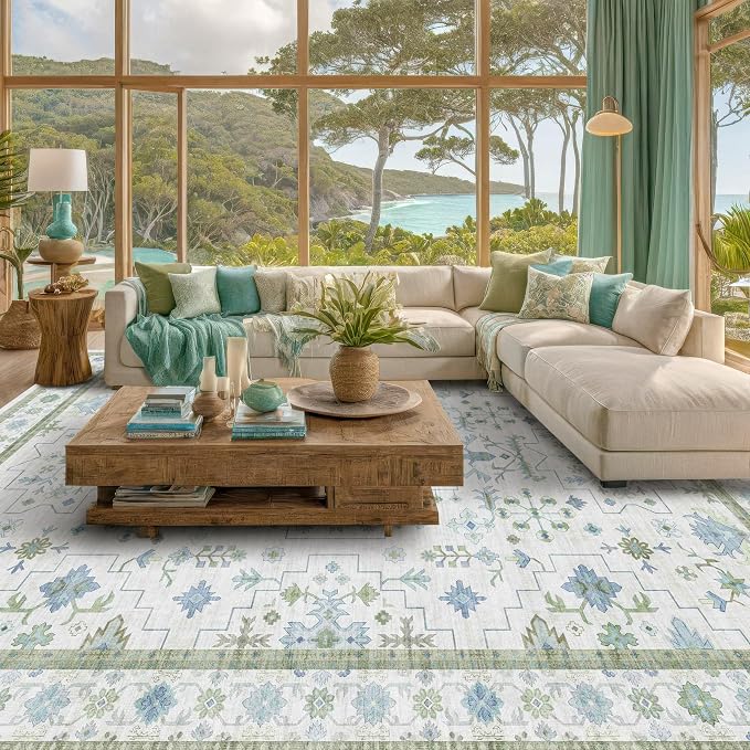 Oriental 10x14 Rug Living Room - Washable Oushak Boho Extra Large for Bedroom Non Slip Soft Faux Wool Carpet for Dining Room Playroom - Cream Blue and Green Floral Rug