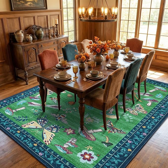 ROYHOME Mushroom Insect 8x10 Area Rugs for Living Room Bedroom Blue Green | Large Dinning Room Washable Bug Moth Cute Funky Cottage Core Whimsical Boy Carpet Low-Pile Non-Slip TPE Backing