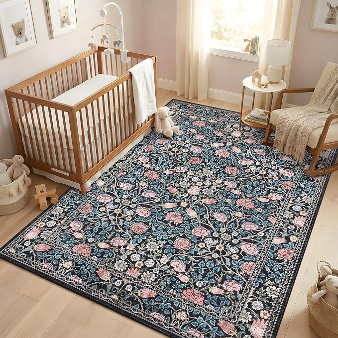 GarveeHome Blue Floral 3x5 Area Rug for Nursery Bedroom | Washable Dorm Rug Entryway Doormat Vintage Boho Rugs Low-Pile Non-Slip Stain Resistant TPE Backing