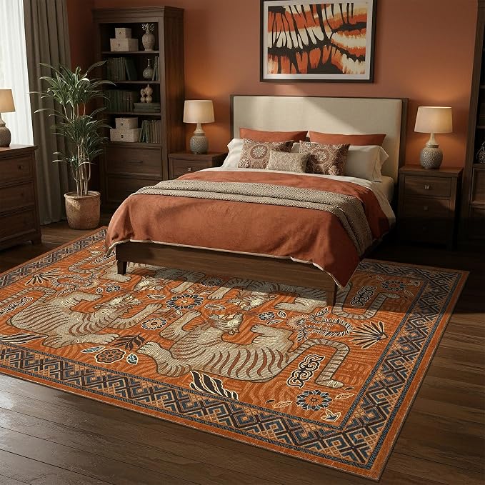 GarveeHome Tiger 6x9 Area Rugs Boho Washable Vintage Non Slip Living Room | Terracotta Rugs for Bedroom, Vintage Tribal Soft Animal Print Throw Rug Ultra Thin Stain Resistant Floor Carpet for Office