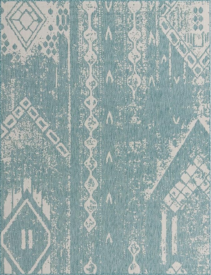 Unique Loom Outdoor Bohemian Collection Area Rug - Anthro (7' 10" x 10' Rectangle, Light Aqua/ Ivory)