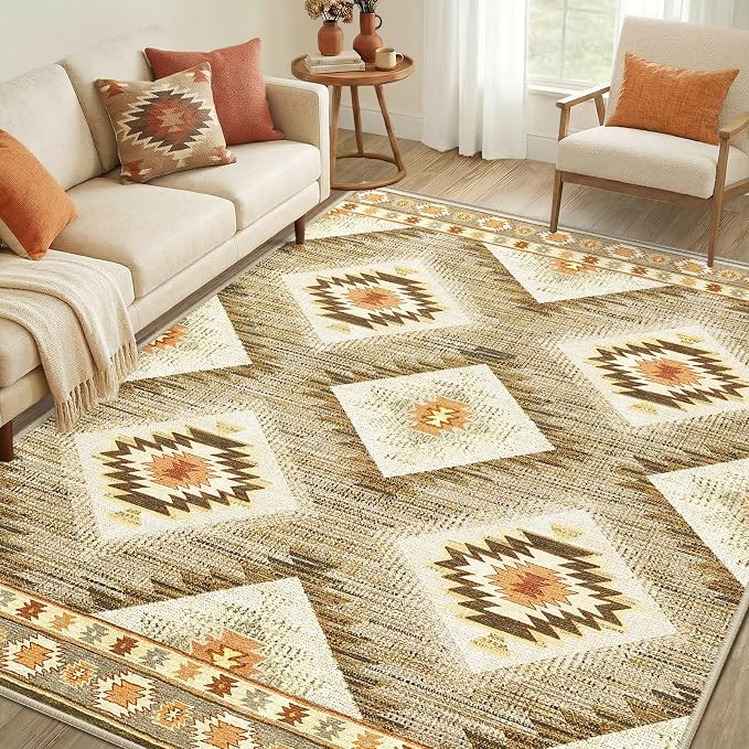 Area Rug 6x9 Rug Machine Washable Non-Slip Low Pile Print Pattern Western Rug for Living Room Bedroom Entryway Tribal Series -Cream/Camel | Soft Western No Slip Low Pile Print Foldable Indoor for Kitchen Dining Room