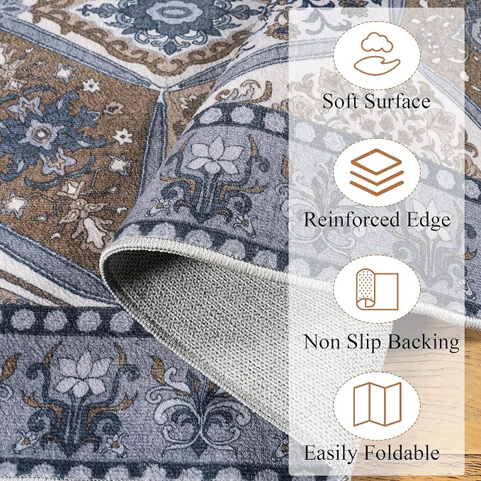 Moroccan Boho Floral Geometric Patchwork Washable 4x6 Large Area Rug | Vintage Distressed Non Slip Throw Carpet for Bedroom Livingroom Kitchen Hallway Entryway Office Dining Room Docer, Dark Grey