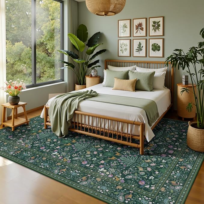 5x7 Area Rugs, Vintage Rugs for Bedroom, Indoor Non-Slip Washable Rug for Living Room, Dining Room, Low Pile Home Decor Floral Rug(Dark Green)