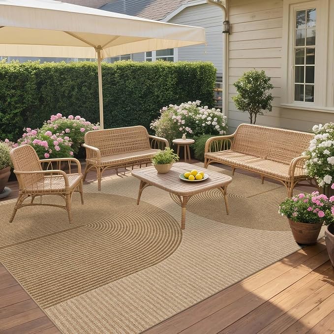 Easy Jute Rug 6x9 Outdoor: Natural Area Rugs for Patio Linen-Look Fabric Durable - Neutral Washable Carpet for Living Room Bedroom - Geometric Arch Pattern