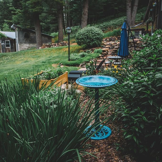 Backyard Expressions Outdoor Garden Bird Bath - Blue - Weather Resistant Polyresin - 27 Inch