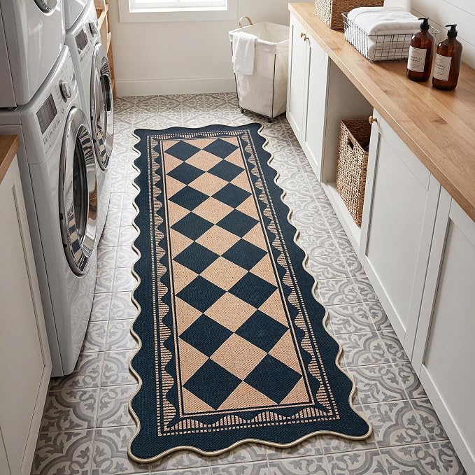 Garvee Easy Jute 2x6 Scalloped Kitchen Rugs Washable Rugs，Black/Coffee | Indoor Outdoor Washable Rugs for Living Room Low Pile Floor Cover for Entryway Stain Resistant Indoor Carpet for Hallway