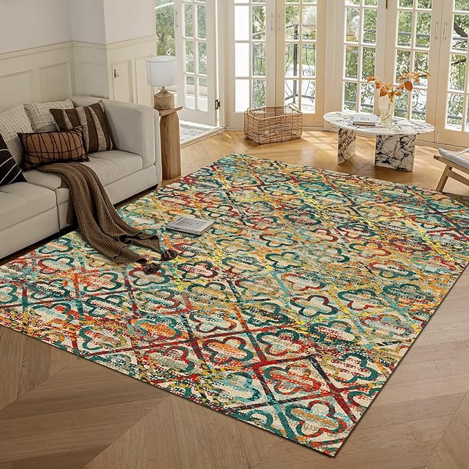 Washable Area Rugs, 6' x 9' - 1/6 Thick - Stain & Water Resistant Non-Slip - Perfect Resistant Rug for Living Room, Bedroom, Nursery, Pet & Child Friendly, Vibrant Colors Rugs, Multicolor