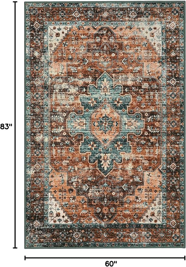 Moynesa Ultra-Thin Washable Vintage Area Rug - 5x7 Large Boho Non-Slip Rug for Bedroom Living Room Oriental Medallion Non-Shedding Print Floor Carpet for Dining Room Home, Brick Red/Dull Teal