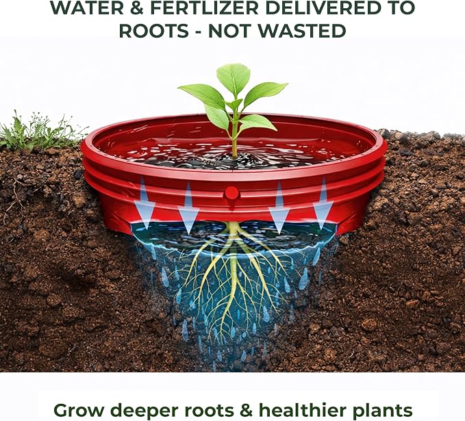 7 inch Solid Planting Grow Rings | 12 Pack Red | One-Piece Design for Deep Root Watering Veggies, Herbs & Flowers | Mulch & Soil Barrier | Deter Slugs and Cutworms | Heavy Duty | Made in USA