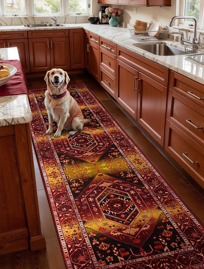 SERISSA 2'6"x10' Washable Non Slip Boho Runner Rug for Hallway | Ultra Soft Vintage Oriental Carpet Low-Pile Rustic Red Gold Floor Carpet for Kitchen Bedroom Bathroom Laundry Room
