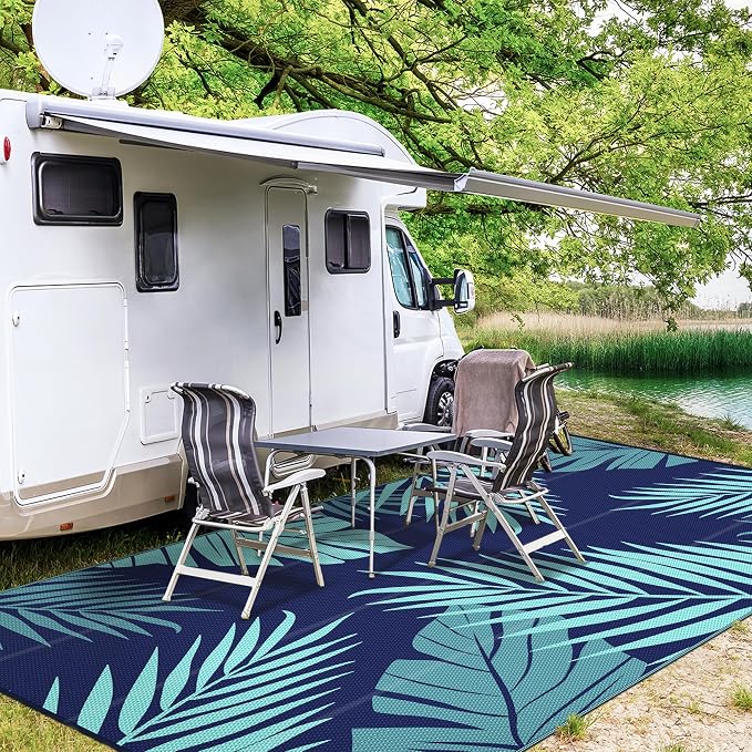 GENIMO Outdoor Rug 10' x 14' Waterproof for Patios Clearance, Reversible Outdoor Plastic Straw Camping Rug Carpet, Large Area Rugs Mats for RV, Camper, Deck, Balcony, Porch, Beach, Navyblue&Jadegreen